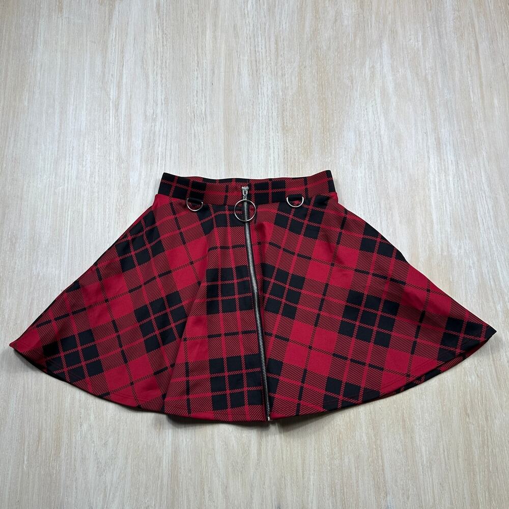 Hot Topic Red Black Plaid O-Ring Zip Skater Goth Punk Suspender Mini Skirt XS